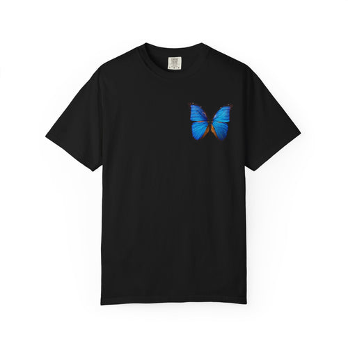 Butterfly Graphic T-Shirt — "I Am Not Handsome I Am Rich" Blue Butterfly Tee