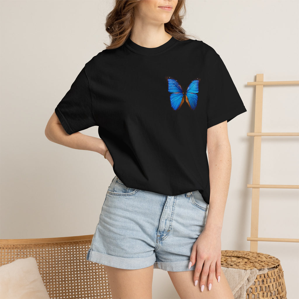 Butterfly Graphic T-Shirt — "I Am Not Handsome I Am Rich" Blue Butterfly Tee