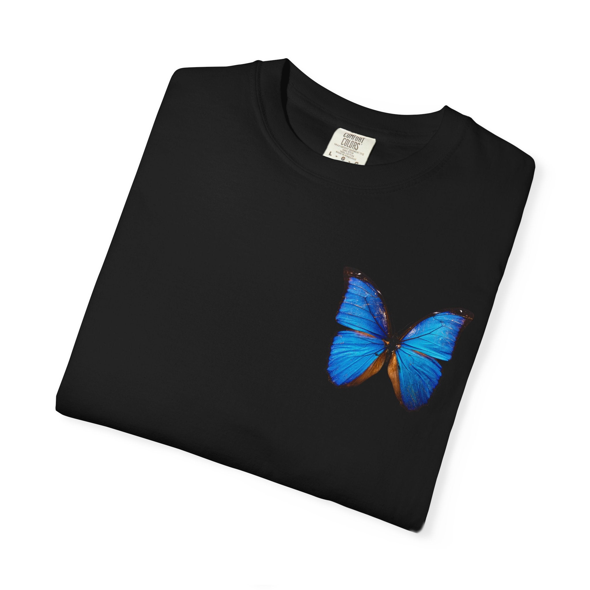 Butterfly Graphic T-Shirt — "I Am Not Handsome I Am Rich" Blue Butterfly Tee