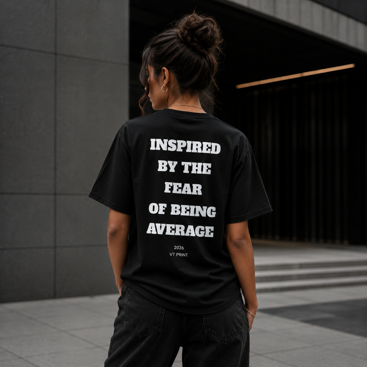 Inspired By The Fear Of Being Average T‑Shirt — Bold Back Text Motivational Tee