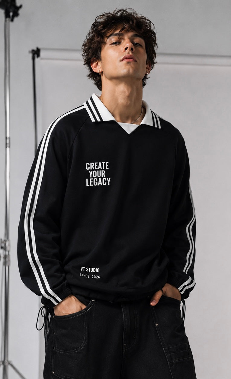 Contrast Striped Lapel Collar Sweatshirt