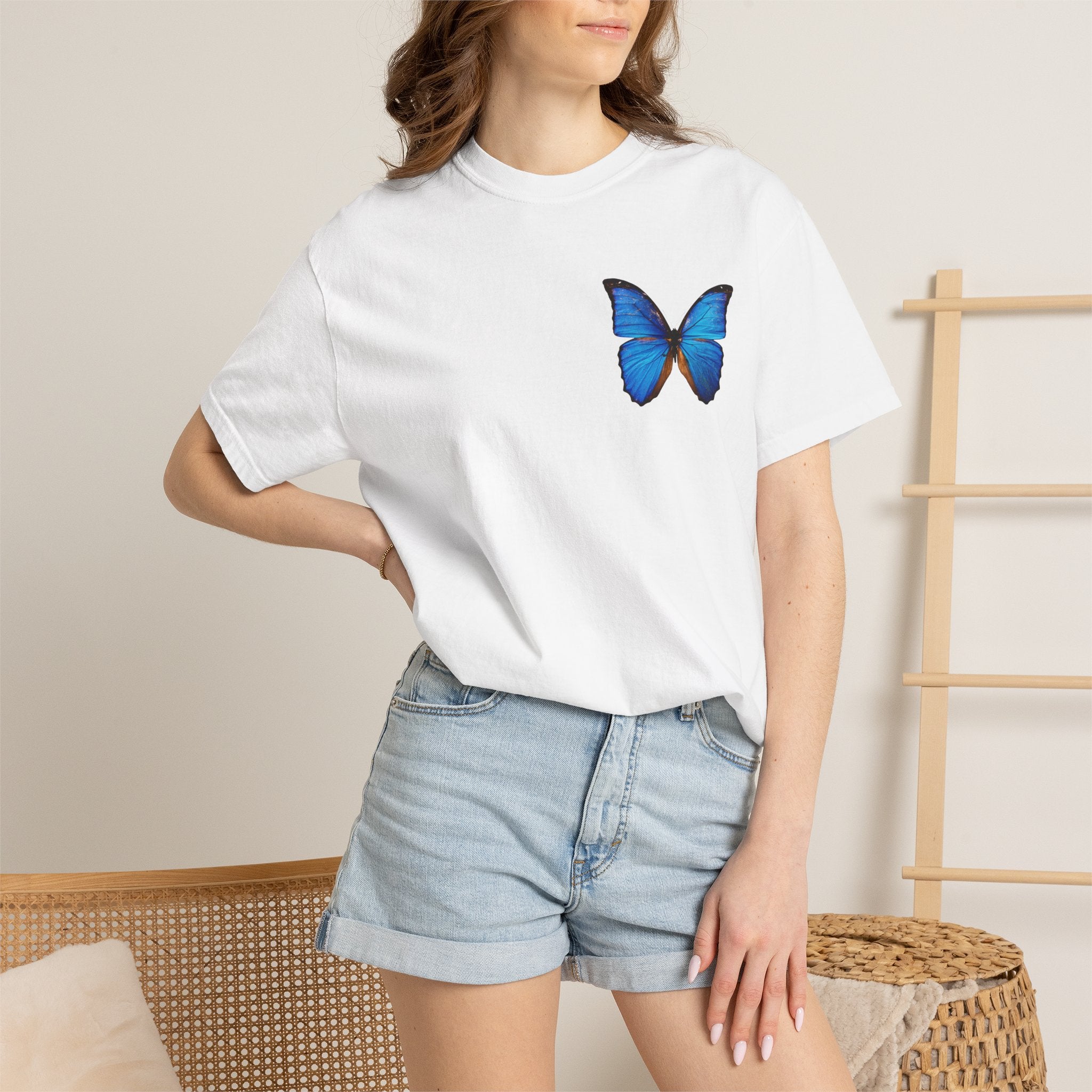 Butterfly Graphic T-Shirt — "I Am Not Handsome I Am Rich" Blue Butterfly Tee