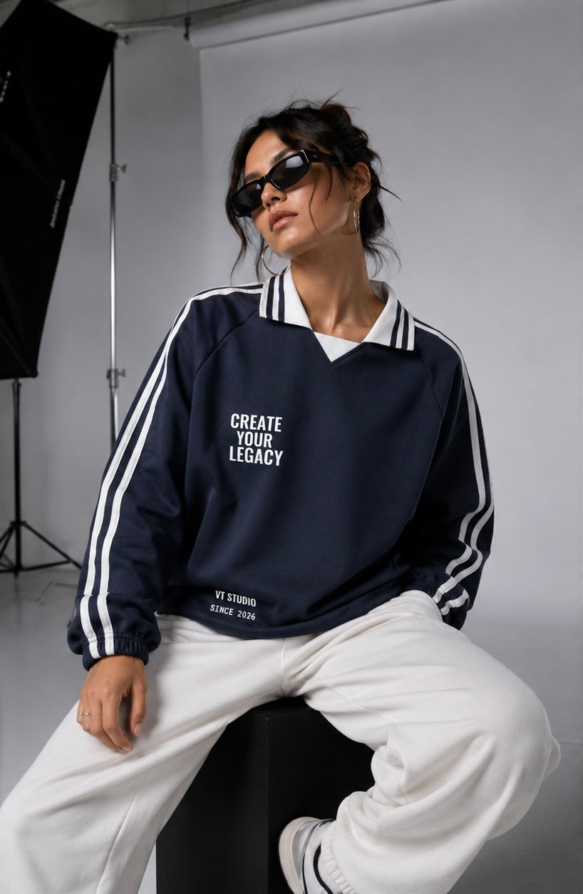 Contrast Striped Lapel Collar Sweatshirt