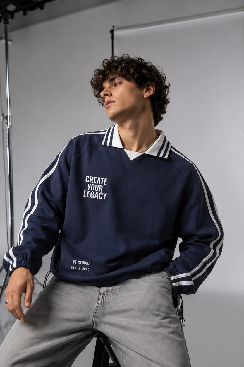Contrast Striped Lapel Collar Sweatshirt