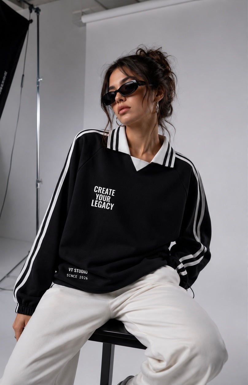 Contrast Striped Lapel Collar Sweatshirt