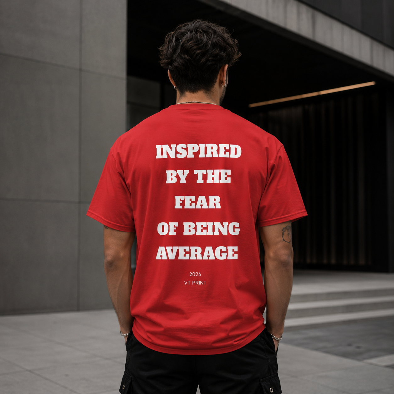 Inspired By The Fear Of Being Average T‑Shirt — Bold Back Text Motivational Tee