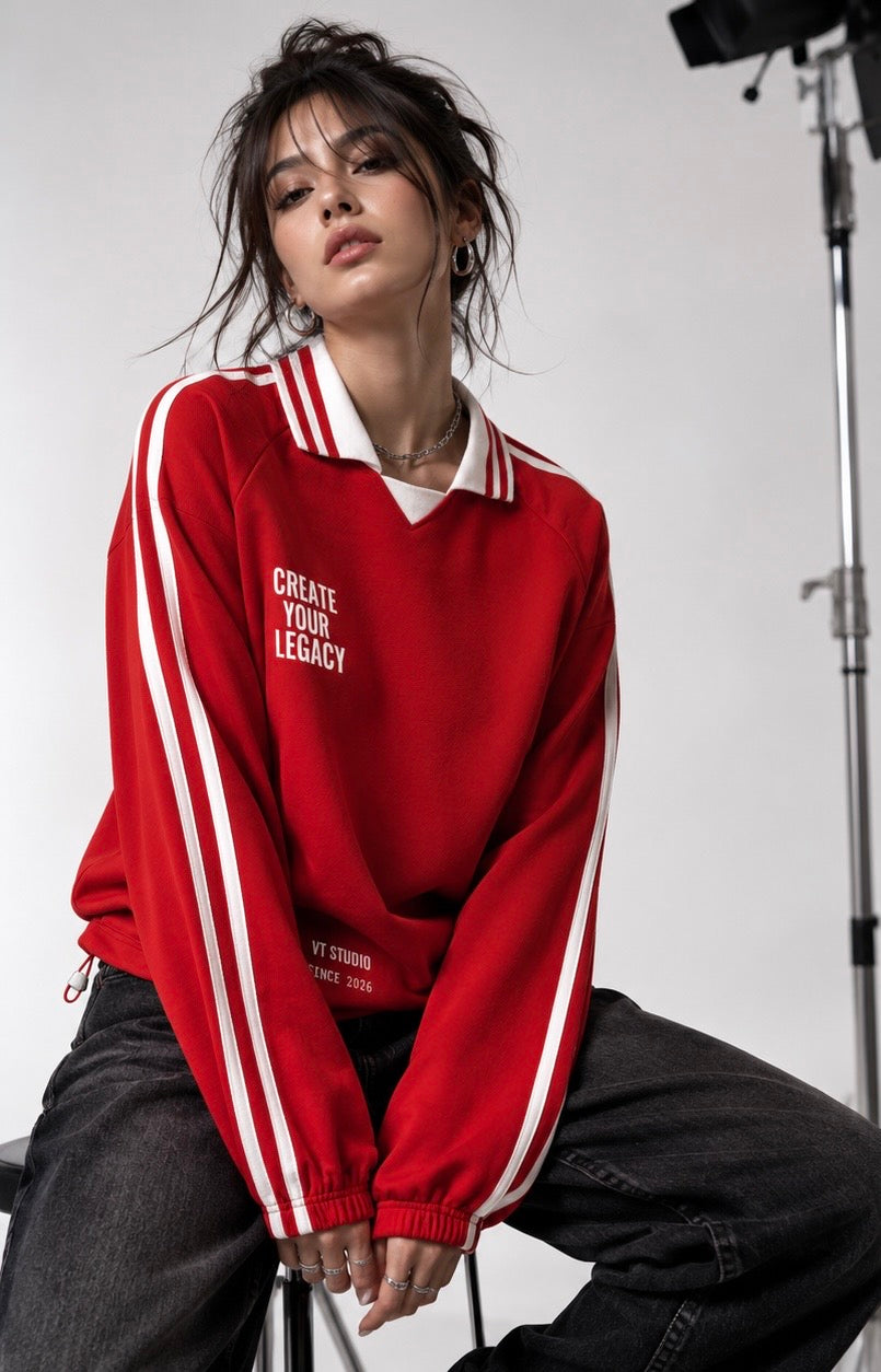 Contrast Striped Lapel Collar Sweatshirt